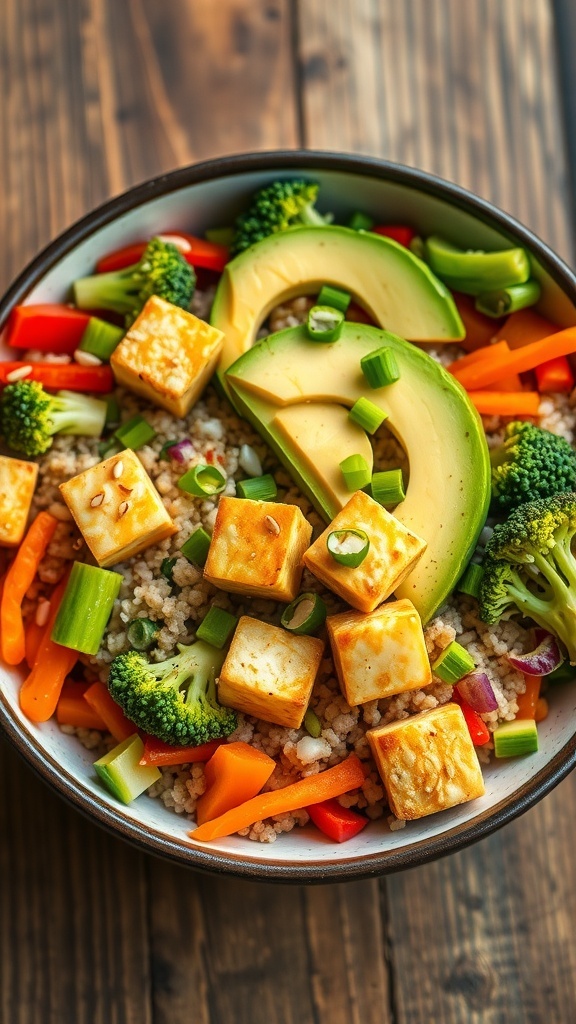 A colorful quinoa and tofu bowl with vegetables and avocado, garnished with green onions and sesame seeds on a wooden table.